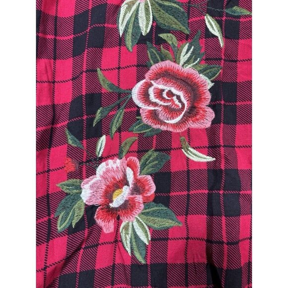 Umgee Womens Blouse Sz S Red Plaid Embroidered Floral Boho Cabin Long Sleeve - Picture 2 of 6